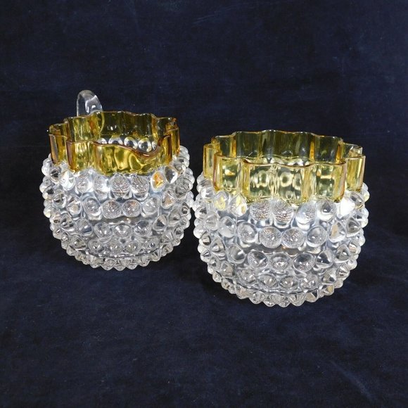 Hobbs Brockunier Dew Drop Hobnail Clear Yellow Glass Cream Sugar Set 4 in tall - Picture 12 of 12